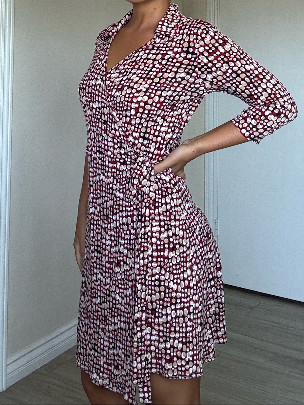 La Belle Burgundy and White Printed Midi Wrap Dress